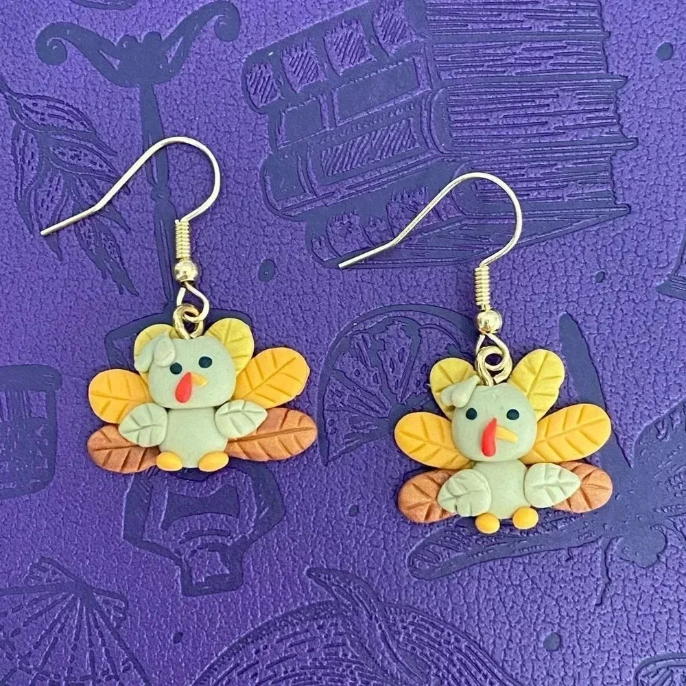 Handmade Clay Polymer Fall Thanksgiving Turkey Drop Earrings NEW